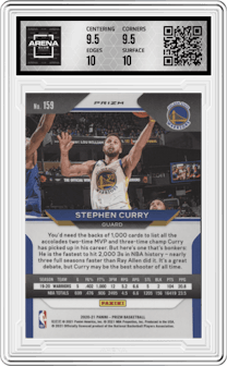 Stephen Curry from the 2020-21 Panini Prizm set featuring a Silver Prizm parallel graded by Arena Club and given an overall grade of 10.