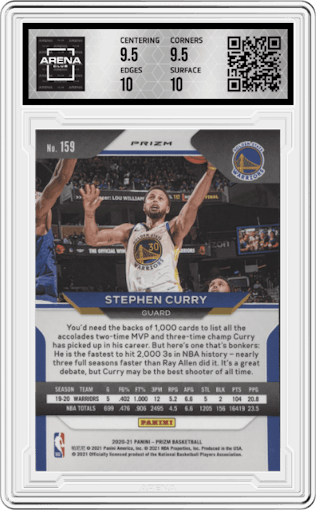 Stephen Curry from the 2020-21 Panini Prizm set featuring a Silver Prizm parallel graded by Arena Club and given an overall grade of 10.