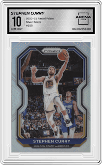 Stephen Curry from the 2020-21 Panini Prizm set featuring a Silver Prizm parallel graded by Arena Club and given an overall grade of 10.