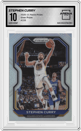 Stephen Curry from the 2020-21 Panini Prizm set featuring a Silver Prizm parallel graded by Arena Club and given an overall grade of 10.