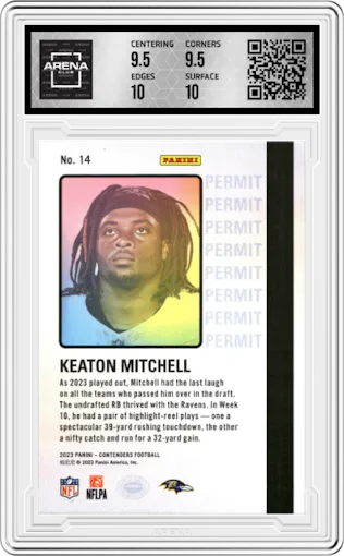 Keaton Mitchell from the 2023 Panini Contenders set graded by Arena Club and given an overall grade of 10.