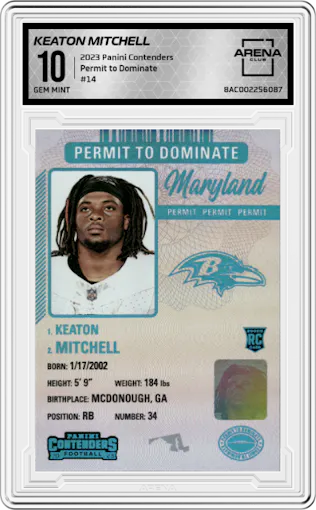 Keaton Mitchell from the 2023 Panini Contenders set graded by Arena Club and given an overall grade of 10.