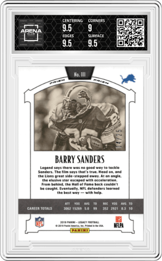 Barry Sanders from the 2019 Panini Legacy set featuring a Premium Edition Gold parallel graded by Arena Club and given an overall grade of 9.5.