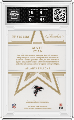 Matt Ryan from the 2021 Panini Flawless set graded by Arena Club and given an overall grade of 9.