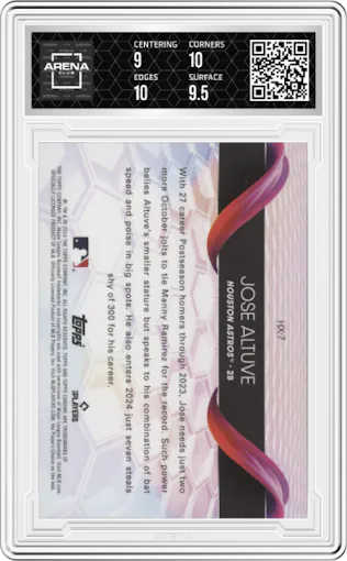 Jose Altuve from the 2024 Topps Chrome set graded by Arena Club and given an overall grade of 9.5.