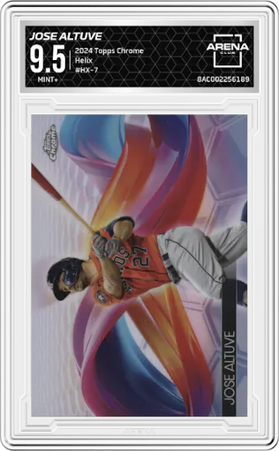 Jose Altuve from the 2024 Topps Chrome set graded by Arena Club and given an overall grade of 9.5.