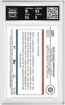 Pete Crow-Armstrong from the 2024 Topps Update set featuring a Independence Day parallel graded by Arena Club and given an overall grade of 9.5.