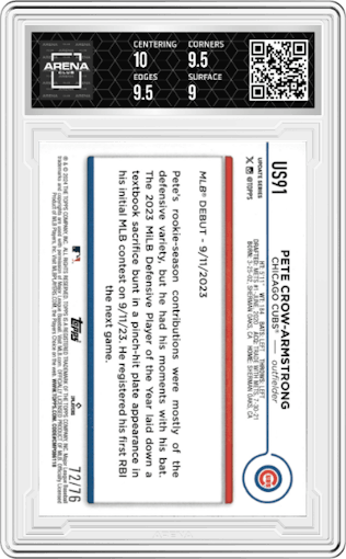 Pete Crow-Armstrong from the 2024 Topps Update set featuring a Independence Day parallel graded by Arena Club and given an overall grade of 9.5.