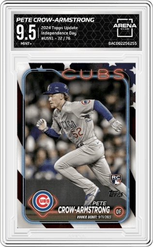 Pete Crow-Armstrong from the 2024 Topps Update set featuring a Independence Day parallel graded by Arena Club and given an overall grade of 9.5.