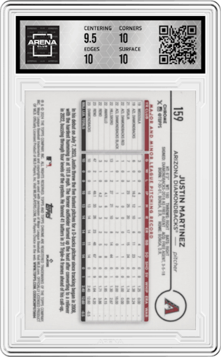 Justin Martinez  from the 2024 Topps Chrome set featuring a Green Sonar Refractor parallel graded by Arena Club and given an overall grade of 10.