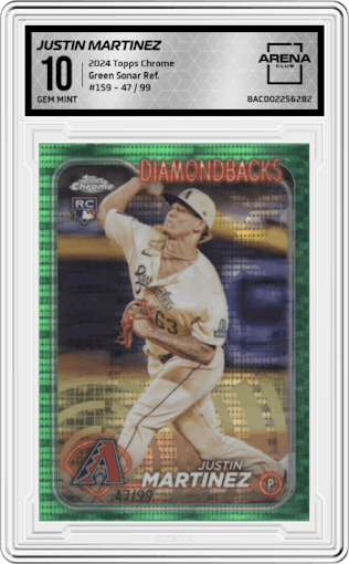 Justin Martinez  from the 2024 Topps Chrome set featuring a Green Sonar Refractor parallel graded by Arena Club and given an overall grade of 10.