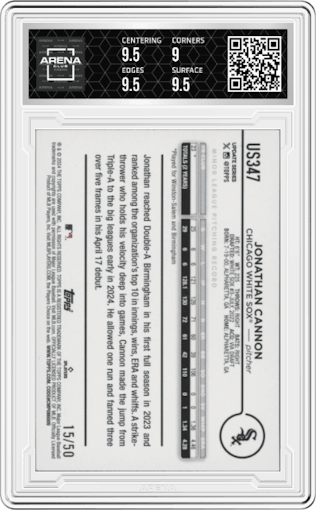 Jonathan Cannon from the 2024 Topps Update set featuring a Father’s Day Powder Blue parallel graded by Arena Club and given an overall grade of 9.5.