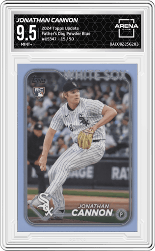 Jonathan Cannon from the 2024 Topps Update set featuring a Father’s Day Powder Blue parallel graded by Arena Club and given an overall grade of 9.5.