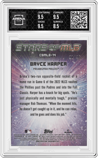 Bryce Harper from the 2024 Topps  set featuring a Black Refractor parallel graded by Arena Club and given an overall grade of 9.