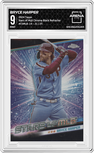 Bryce Harper from the 2024 Topps  set featuring a Black Refractor parallel graded by Arena Club and given an overall grade of 9.