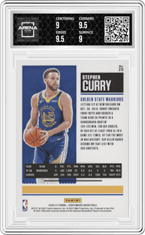 Stephen Curry from the 2020-21 Panini Contenders set featuring a Playoff Ticket parallel graded by Arena Club and given an overall grade of 9.5.