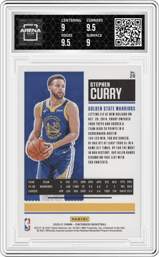 Stephen Curry from the 2020-21 Panini Contenders set featuring a Playoff Ticket parallel graded by Arena Club and given an overall grade of 9.5.