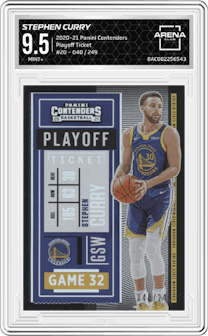 Stephen Curry from the 2020-21 Panini Contenders set featuring a Playoff Ticket parallel graded by Arena Club and given an overall grade of 9.5.