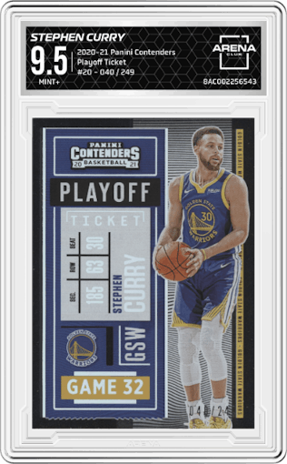 Stephen Curry from the 2020-21 Panini Contenders set featuring a Playoff Ticket parallel graded by Arena Club and given an overall grade of 9.5.