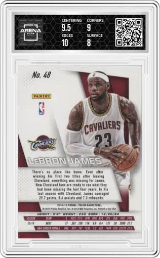 LeBron James from the 2014-15 Panini Prizm set graded by Arena Club and given an overall grade of 8.5.