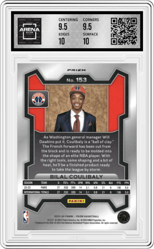 Bilal Coulibaly from the 2023-24 Panini Prizm set featuring a Fast Break parallel graded by Arena Club and given an overall grade of 10.