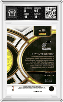 Keyonte George from the 2023-24 Panini Select  set featuring a Blue Flash parallel graded by Arena Club and given an overall grade of 8.5.