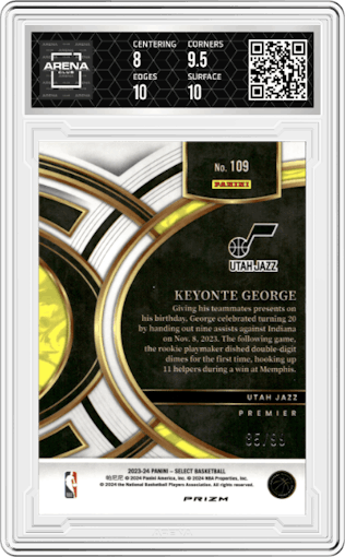 Keyonte George from the 2023-24 Panini Select  set featuring a Blue Flash parallel graded by Arena Club and given an overall grade of 8.5.