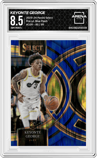 Keyonte George from the 2023-24 Panini Select  set featuring a Blue Flash parallel graded by Arena Club and given an overall grade of 8.5.
