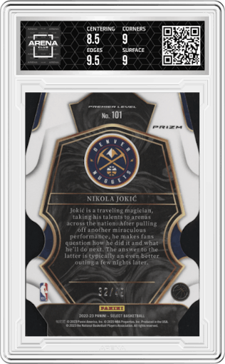 Nikola Jokic from the 2022-23 Panini Select set featuring a  Die-Cut Light Green parallel graded by Arena Club and given an overall grade of 9.