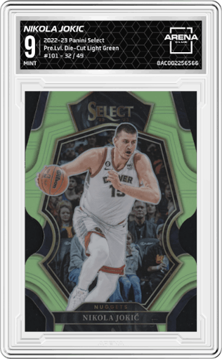 Nikola Jokic from the 2022-23 Panini Select set featuring a  Die-Cut Light Green parallel graded by Arena Club and given an overall grade of 9.