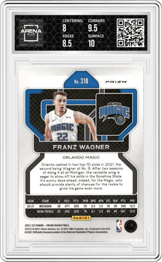 Franz Wagner from the 2021-22 Panini Prizm  set featuring a Orange Ice parallel graded by Arena Club and given an overall grade of 8.5.