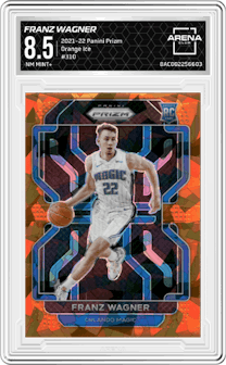 Franz Wagner from the 2021-22 Panini Prizm  set featuring a Orange Ice parallel graded by Arena Club and given an overall grade of 8.5.