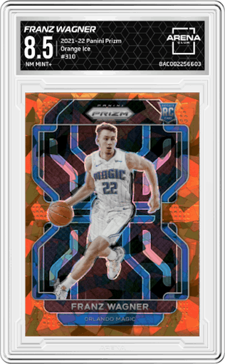 Franz Wagner from the 2021-22 Panini Prizm  set featuring a Orange Ice parallel graded by Arena Club and given an overall grade of 8.5.