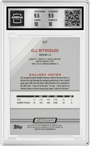 CJ Stroud from the 2023 Topps Composite set graded by Arena Club and given an overall grade of 10.