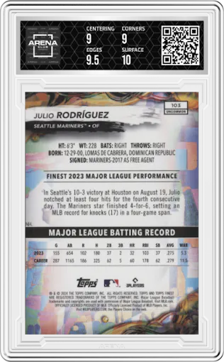 Julio Rodriguez from the 2024 Topps Finest set featuring a Purple Refractor parallel graded by Arena Club and given an overall grade of 9.5.