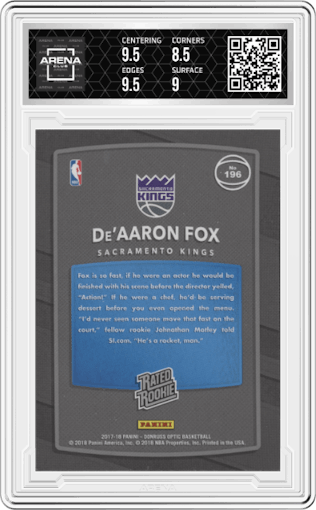 De'Aaron Fox from the 2017-18 Panini Donruss Optic set graded by Arena Club and given an overall grade of 9.