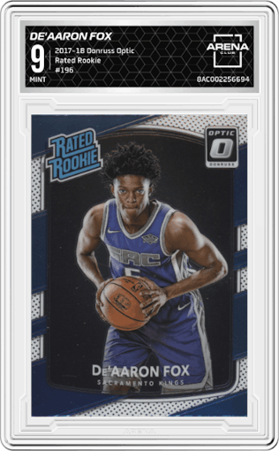 De'Aaron Fox from the 2017-18 Panini Donruss Optic set graded by Arena Club and given an overall grade of 9.
