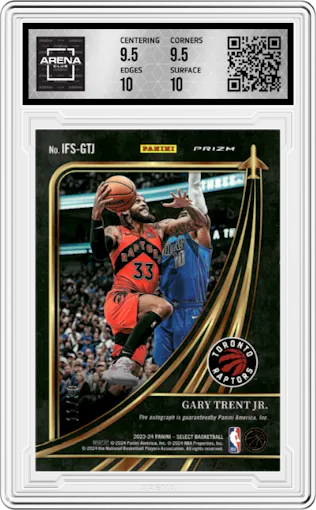 Gary Trent Jr. from the 2023-24 Panini Select  set featuring a Orange Pulsar Prizms FOTL parallel graded by Arena Club and given an overall grade of 10.