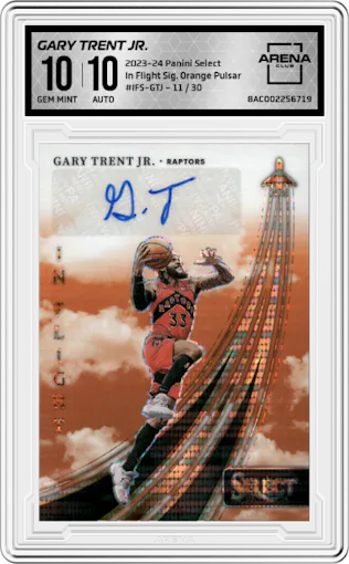 Gary Trent Jr. from the 2023-24 Panini Select  set featuring a Orange Pulsar Prizms FOTL parallel graded by Arena Club and given an overall grade of 10.