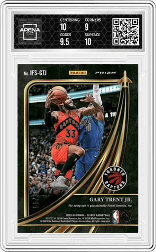 Gary Trent Jr. from the 2023-24 Panini Select  set featuring a Orange Pulsar Prizms FOTL parallel graded by Arena Club and given an overall grade of 9.5.