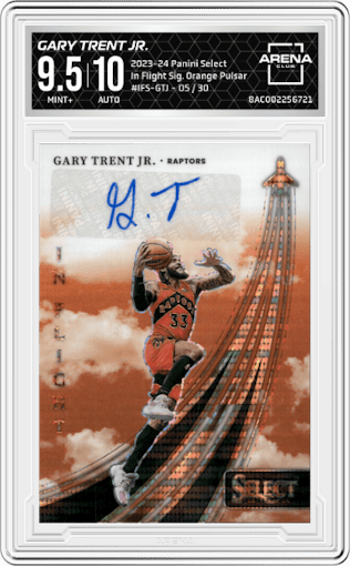 Gary Trent Jr. from the 2023-24 Panini Select  set featuring a Orange Pulsar Prizms FOTL parallel graded by Arena Club and given an overall grade of 9.5.
