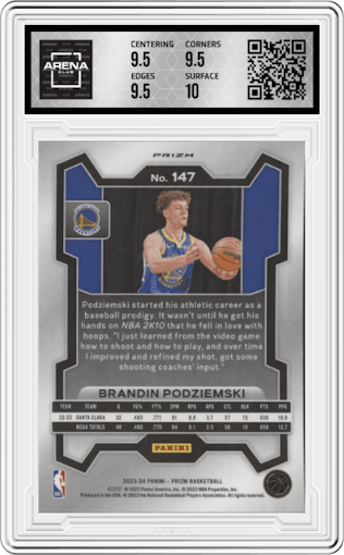 Brandin Podziemski from the 2023-24 Panini Prizm set featuring a Pink Ice parallel graded by Arena Club and given an overall grade of 10.