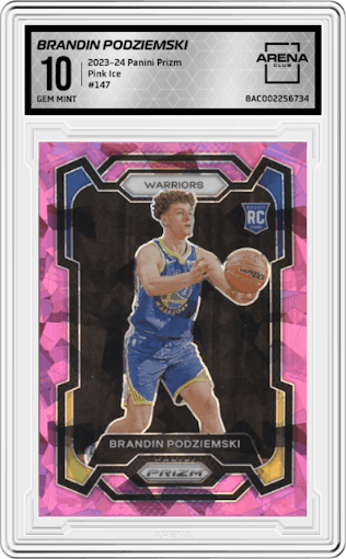 Brandin Podziemski from the 2023-24 Panini Prizm set featuring a Pink Ice parallel graded by Arena Club and given an overall grade of 10.