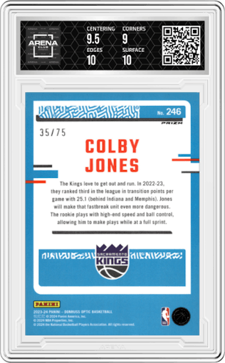 Colby Jones  from the 2023-24 Donruss Optic set featuring a Fast Break Red parallel graded by Arena Club and given an overall grade of 9.5.