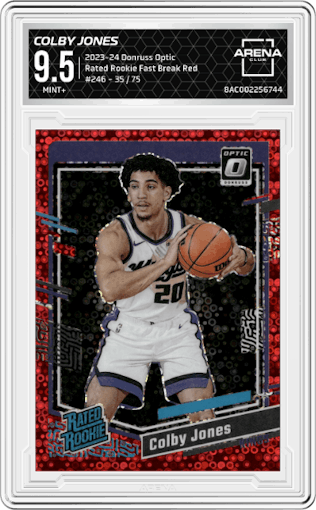 Colby Jones  from the 2023-24 Donruss Optic set featuring a Fast Break Red parallel graded by Arena Club and given an overall grade of 9.5.