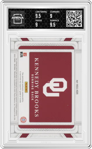 Kennedy Brooks from the 2022 National Treasures Collegiate set featuring a Silver parallel graded by Arena Club and given an overall grade of 9.5.