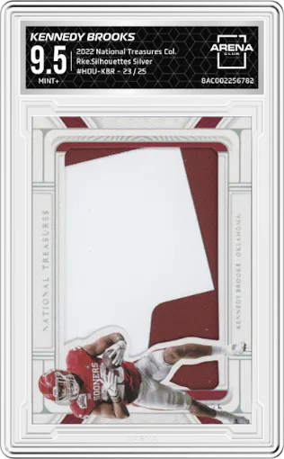 Kennedy Brooks from the 2022 National Treasures Collegiate set featuring a Silver parallel graded by Arena Club and given an overall grade of 9.5.