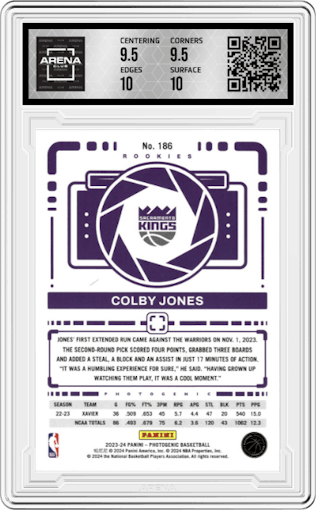 Colby Jones from the 2023-24 Panini Photogenic set featuring a Silver parallel graded by Arena Club and given an overall grade of 10.