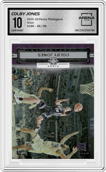 Colby Jones from the 2023-24 Panini Photogenic set featuring a Silver parallel graded by Arena Club and given an overall grade of 10.