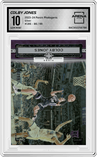 Colby Jones from the 2023-24 Panini Photogenic set featuring a Silver parallel graded by Arena Club and given an overall grade of 10.